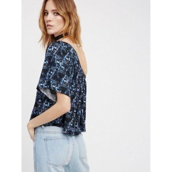 Free People Top S One Shoulder Ocean Avenue Swing CropTop Tee Ikat Geo Blue - Picture 2 of 11